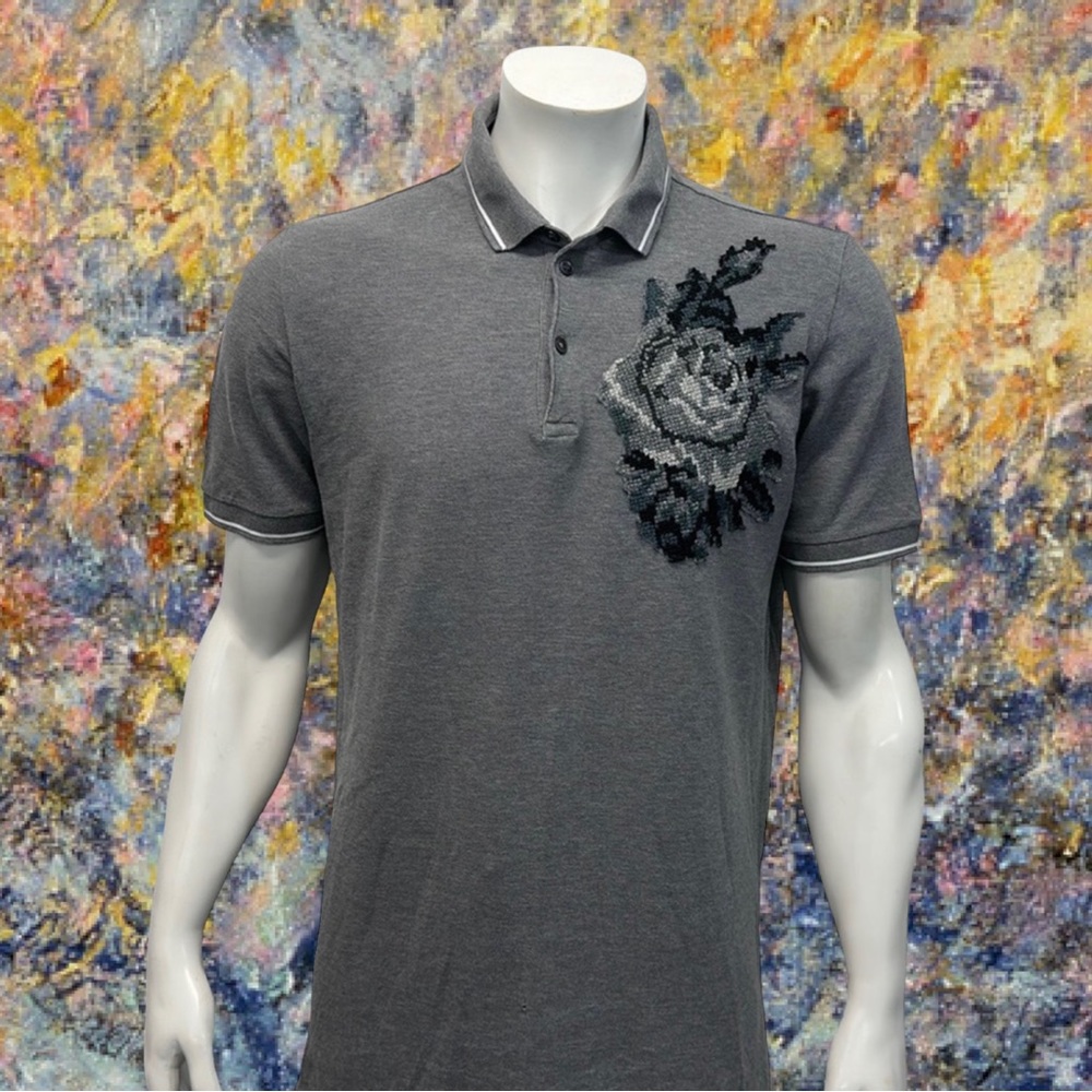 Dolce & Gabbana Gray Cotton Pique Polo Shirt w/100% Wool Floral Embroidery IT 54